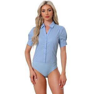 Button Down Leotard Shirt Short Sleeve Collared Work Bodysuit Tops Blue
